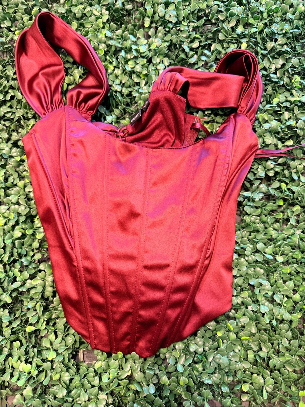 Windsor Red Satin Corset Crop Top with Wide Shoulder Ties